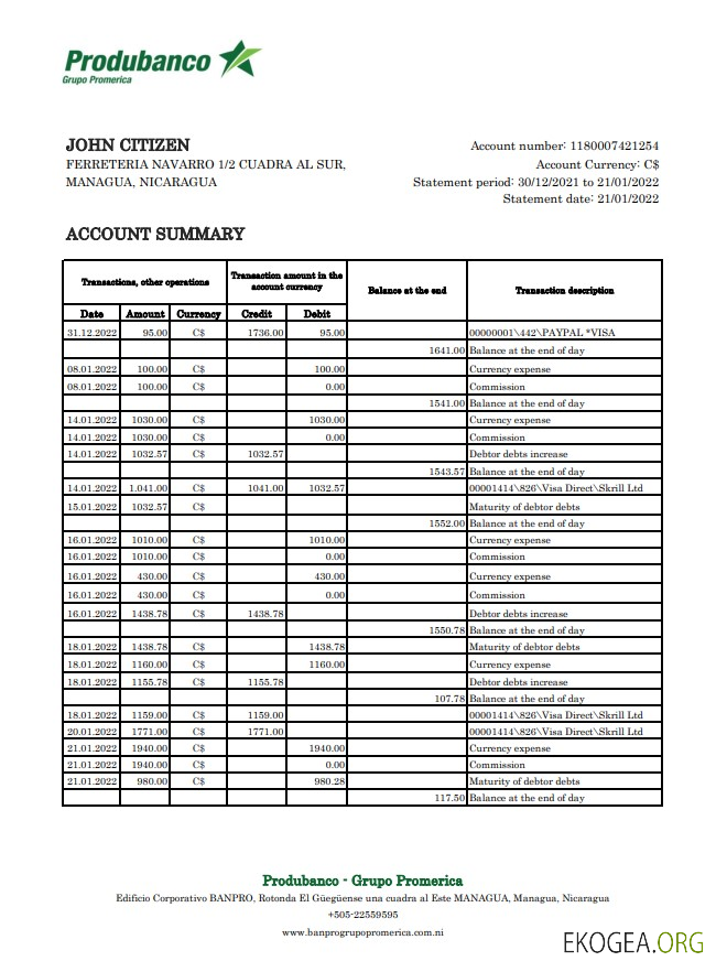 Relevé bancaire de la Banco de la Producción du Nicaragua